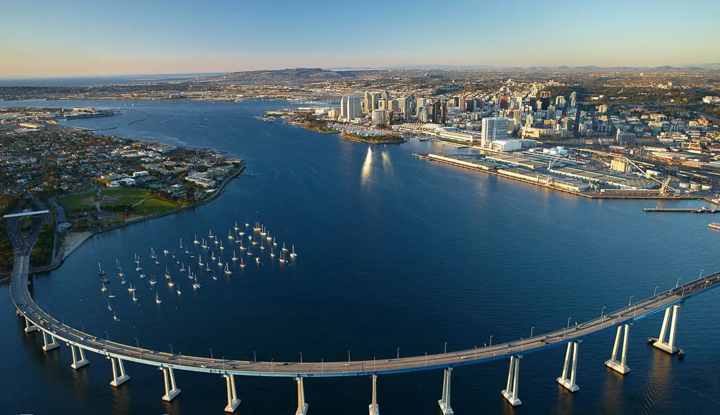 Coronado Bridge and San Diego skyline aerial view